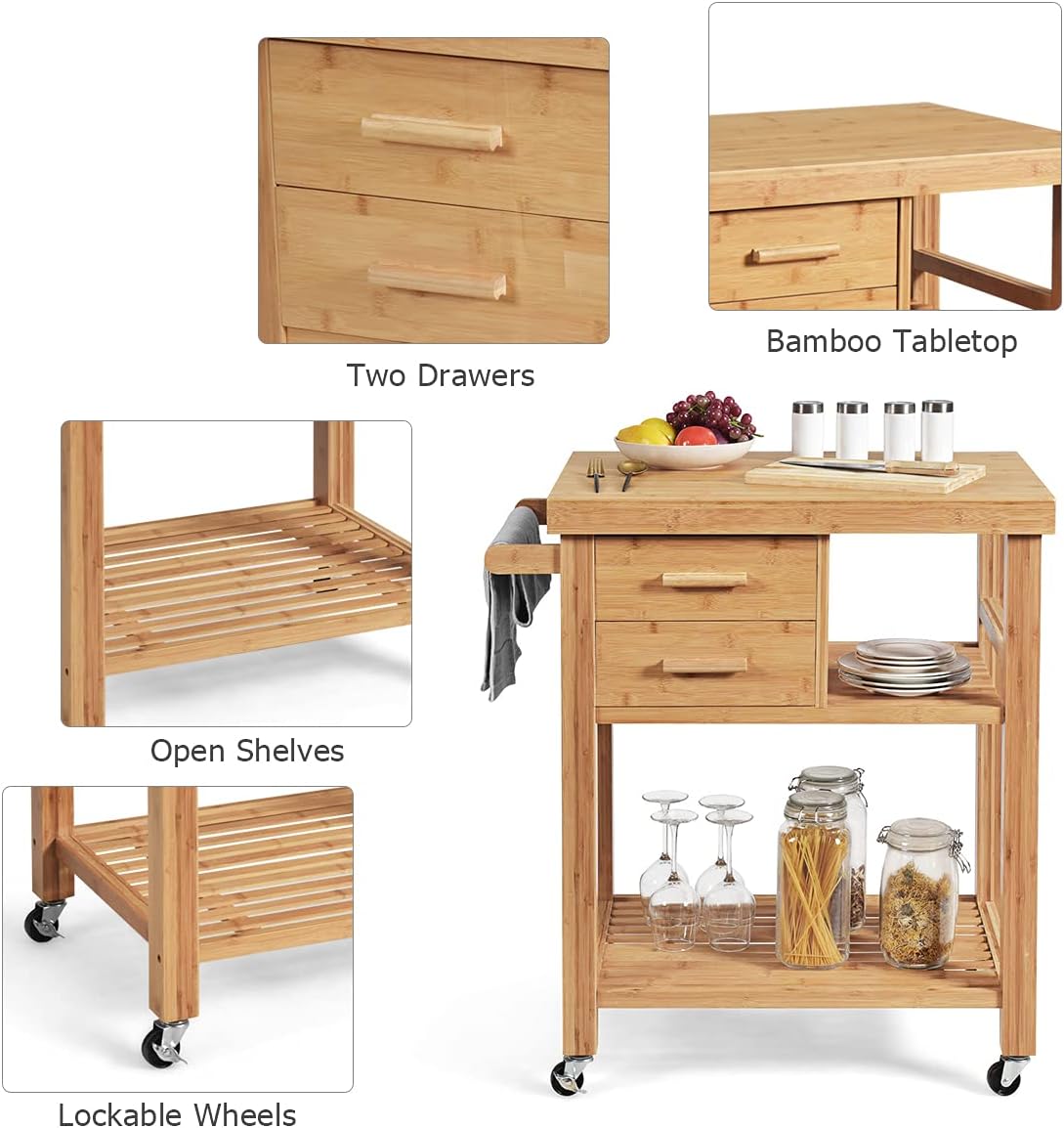 Bamboo Rolling Kitchen Island Cart