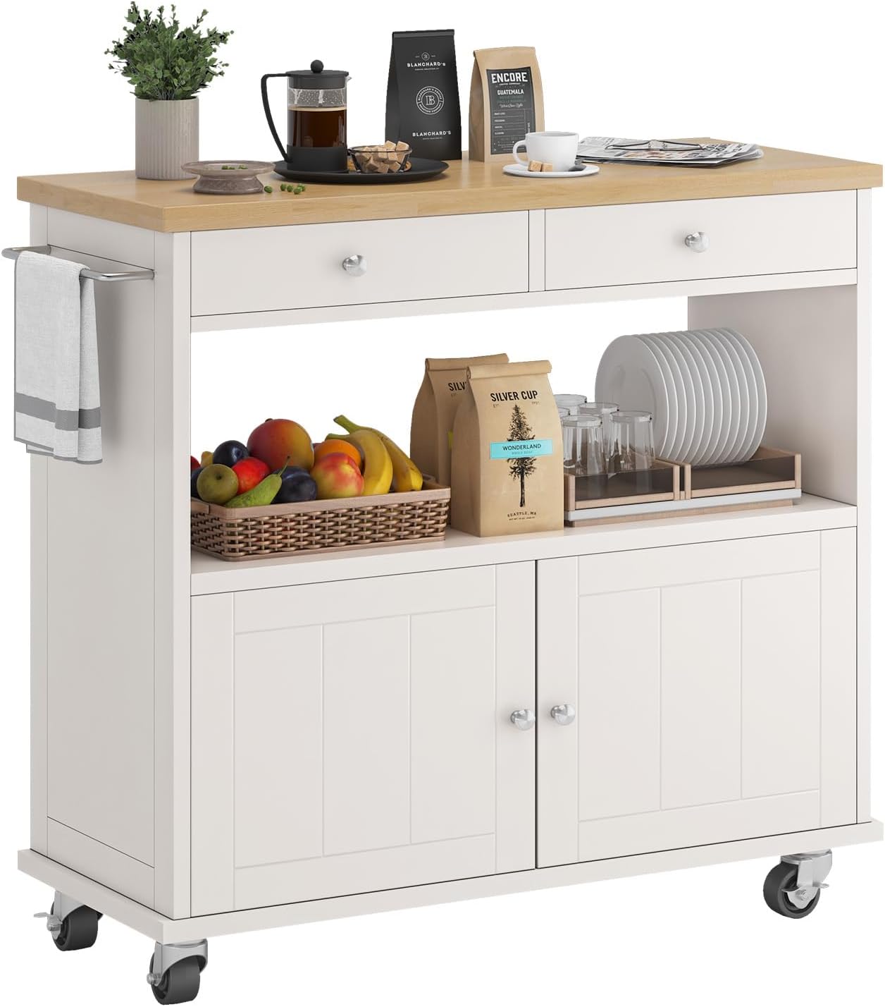 White Wood Top Rolling Kitchen Island