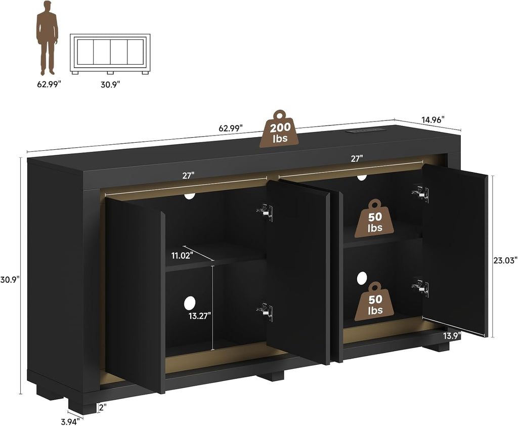 Black LED Power Sideboard Buffet Cabinet