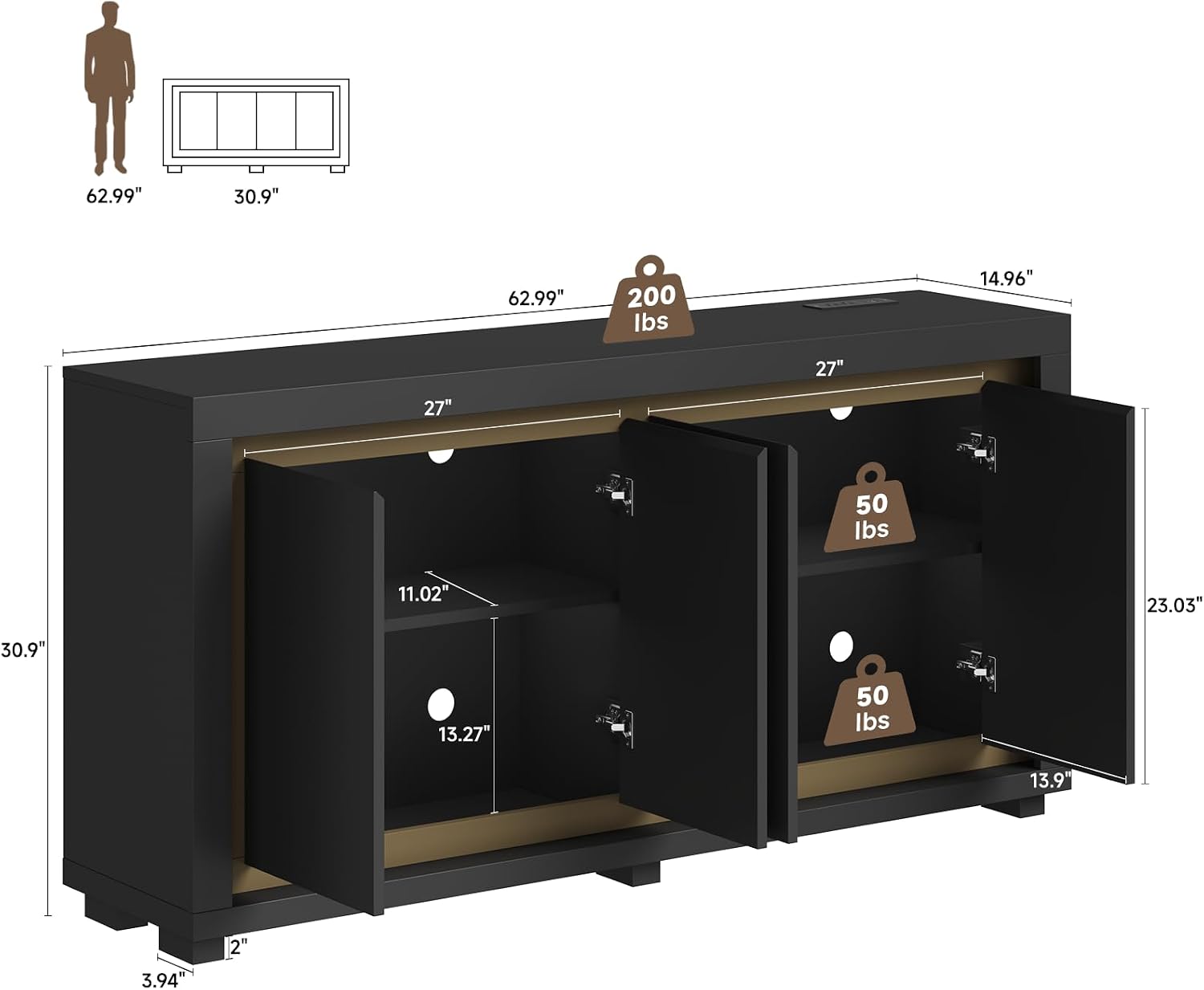 Black LED Power Sideboard Buffet Cabinet