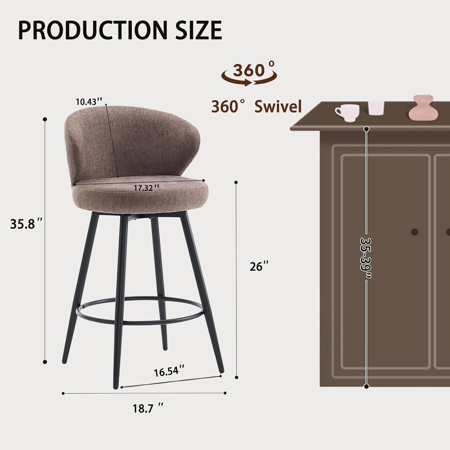 Brown Fabric Swivel Counter Stools Set of 2