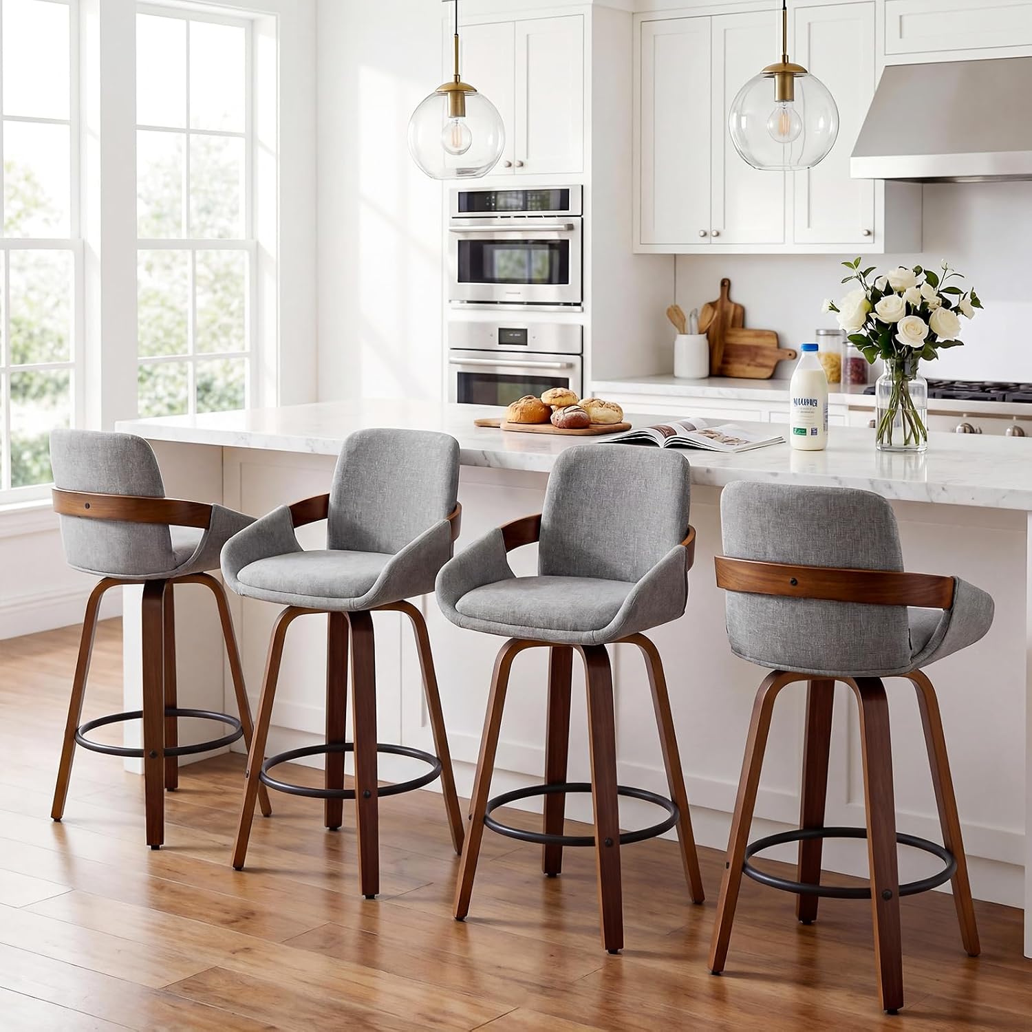 Light Gray Walnut Arm Swivel Bar Stools Set of 2