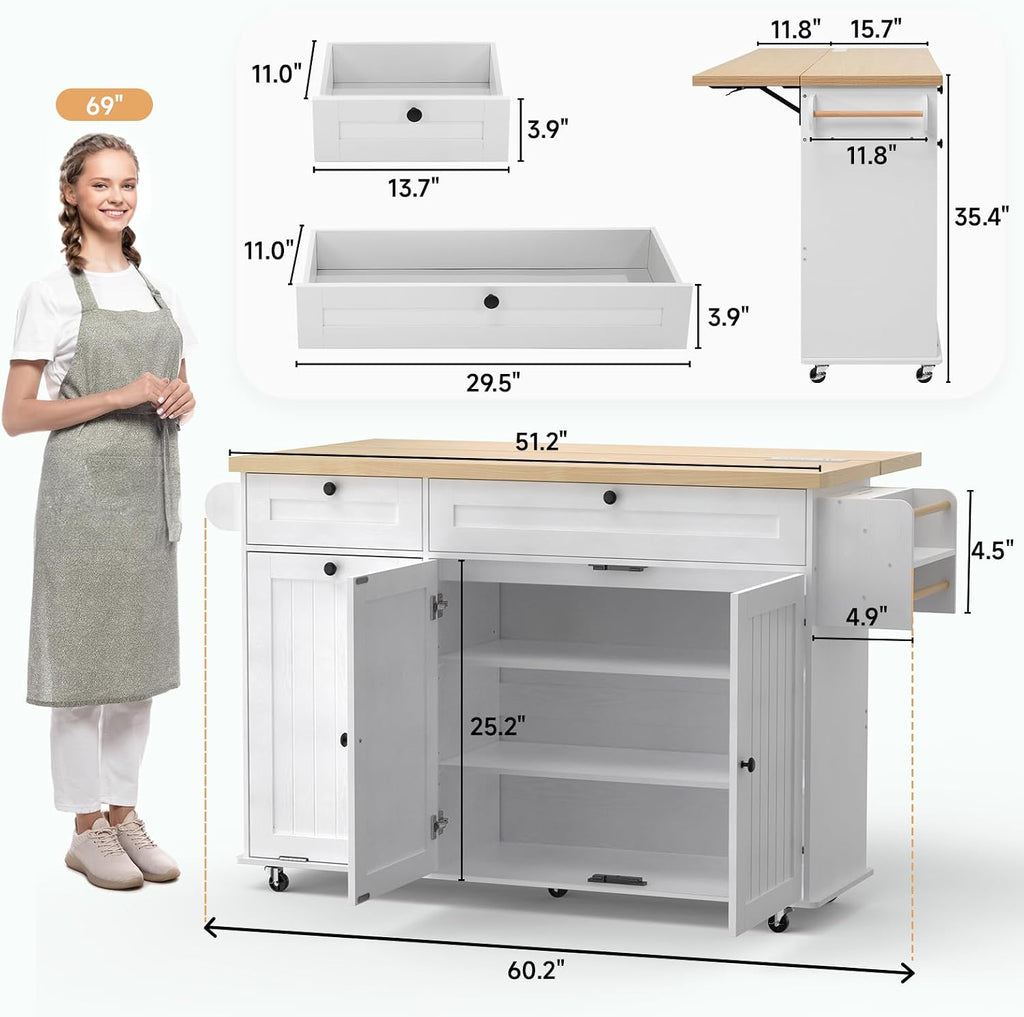 White Power Rolling Kitchen Island Cart