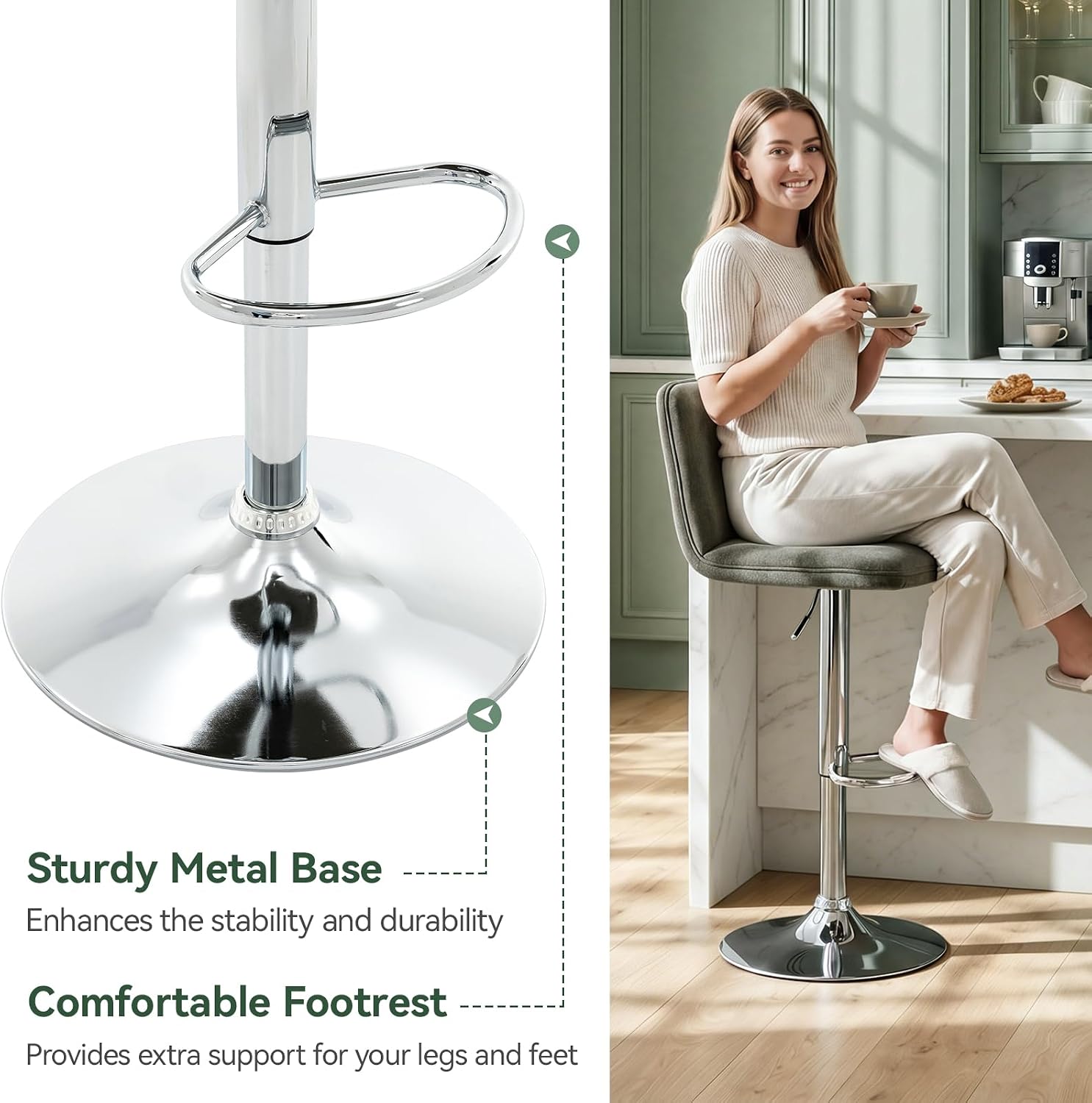 Grey Green Adjustable Swivel Bar Stools