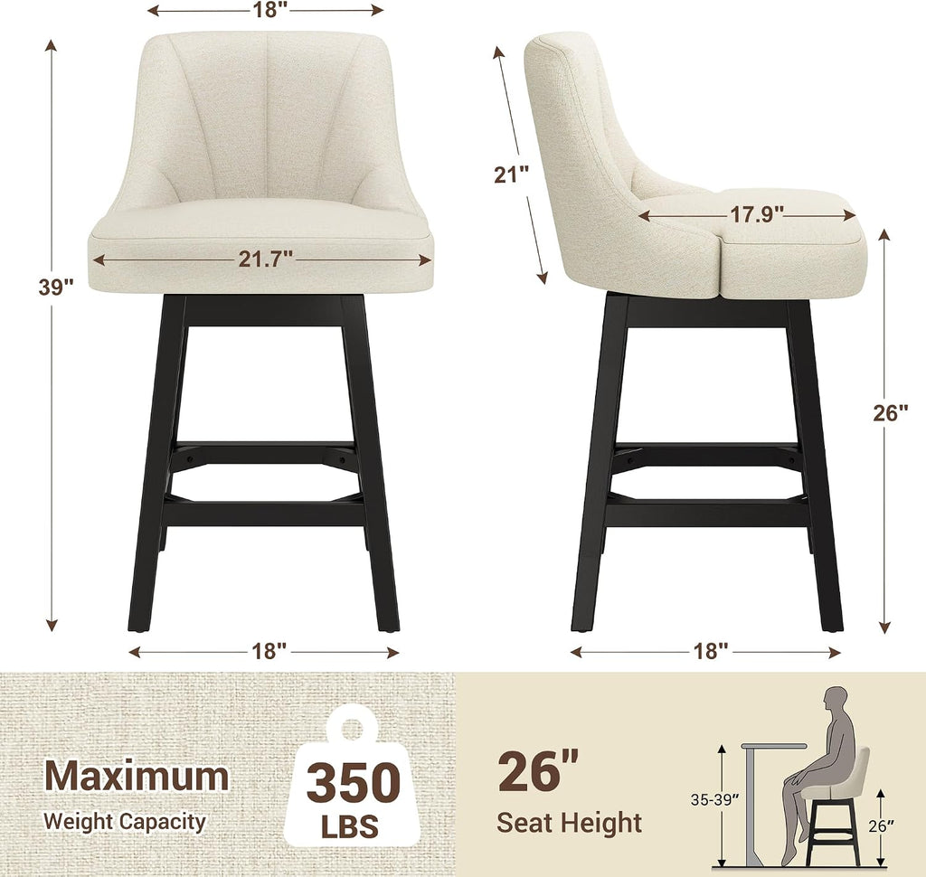 Beige Linen Square Wood Swivel Bar Stools Set of 2