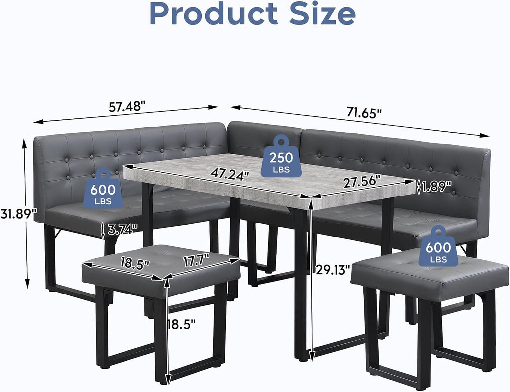 Grey Storage Banquette Corner Dining Set 5 Piece