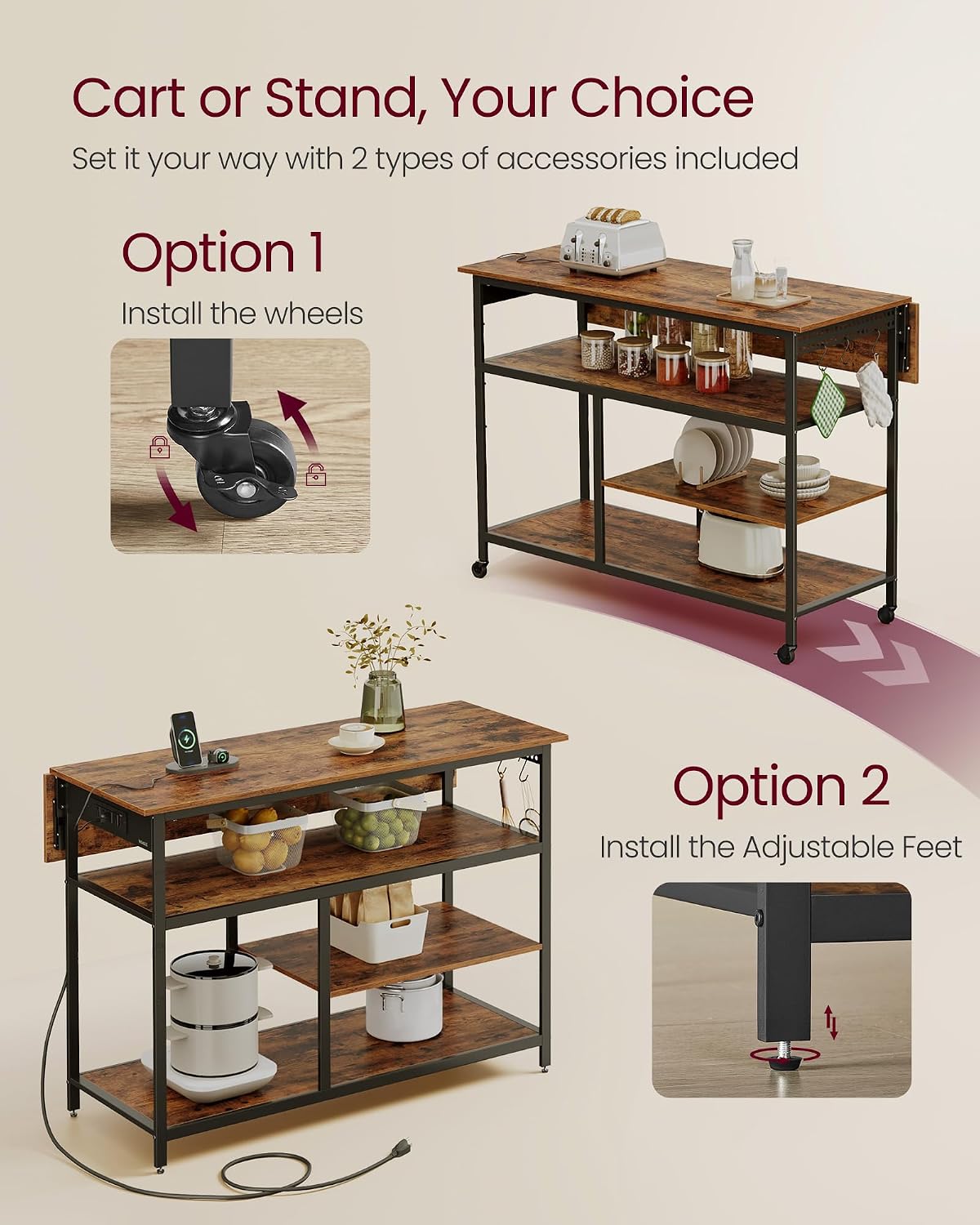Rustic Brown Rolling Kitchen Island Cart