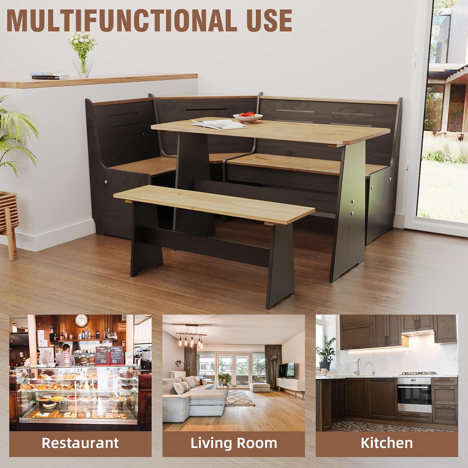 L Shaped Black Bench Corner Dining Nook Set