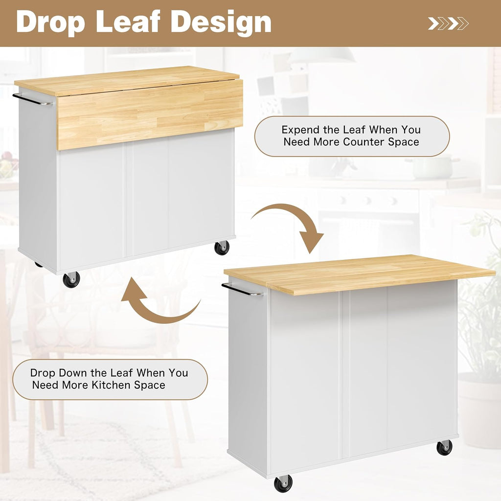 White Folding Drop Leaf Rolling Kitchen Island Cart