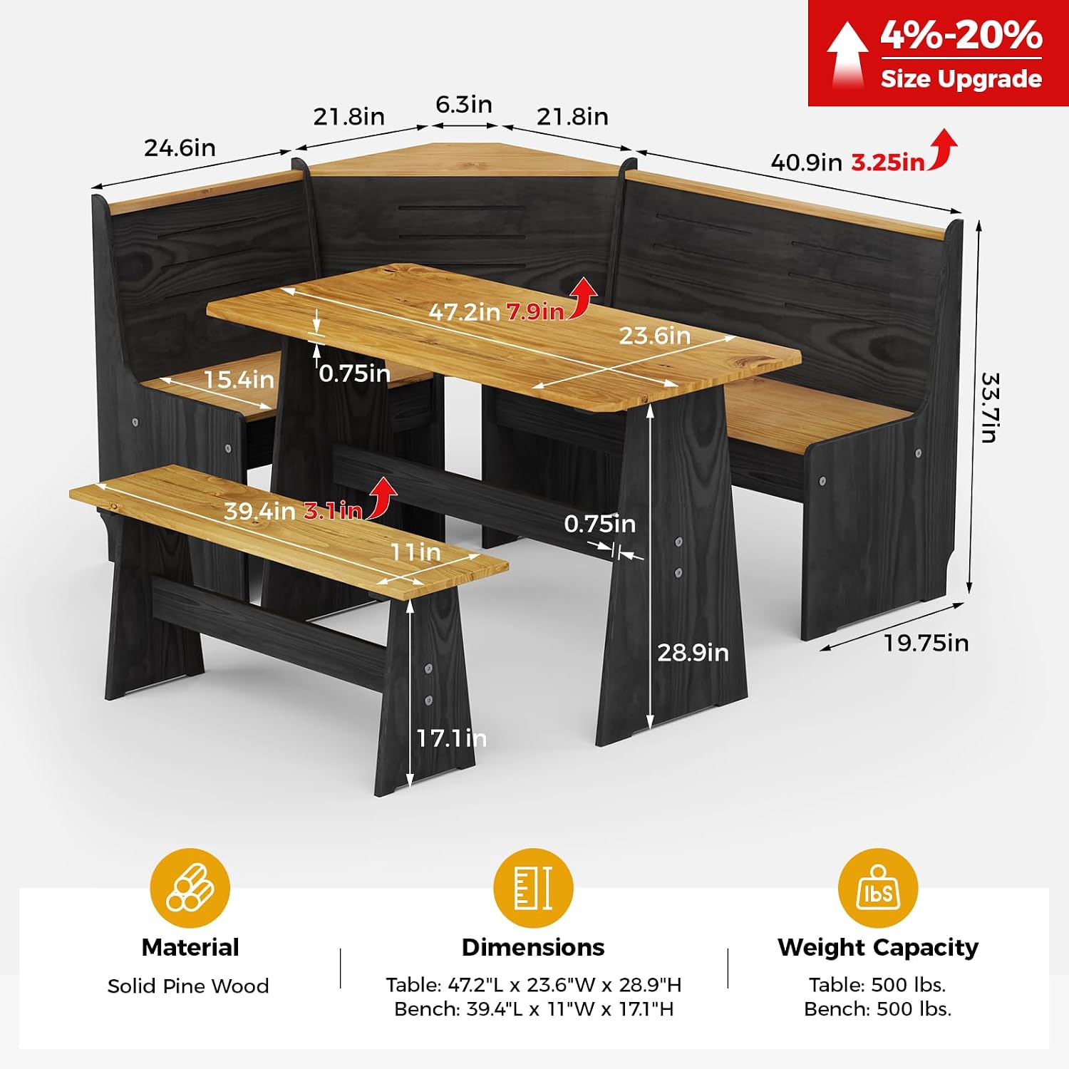 Jet-Black L Shaped Corner Breakfast Nook Dining Set