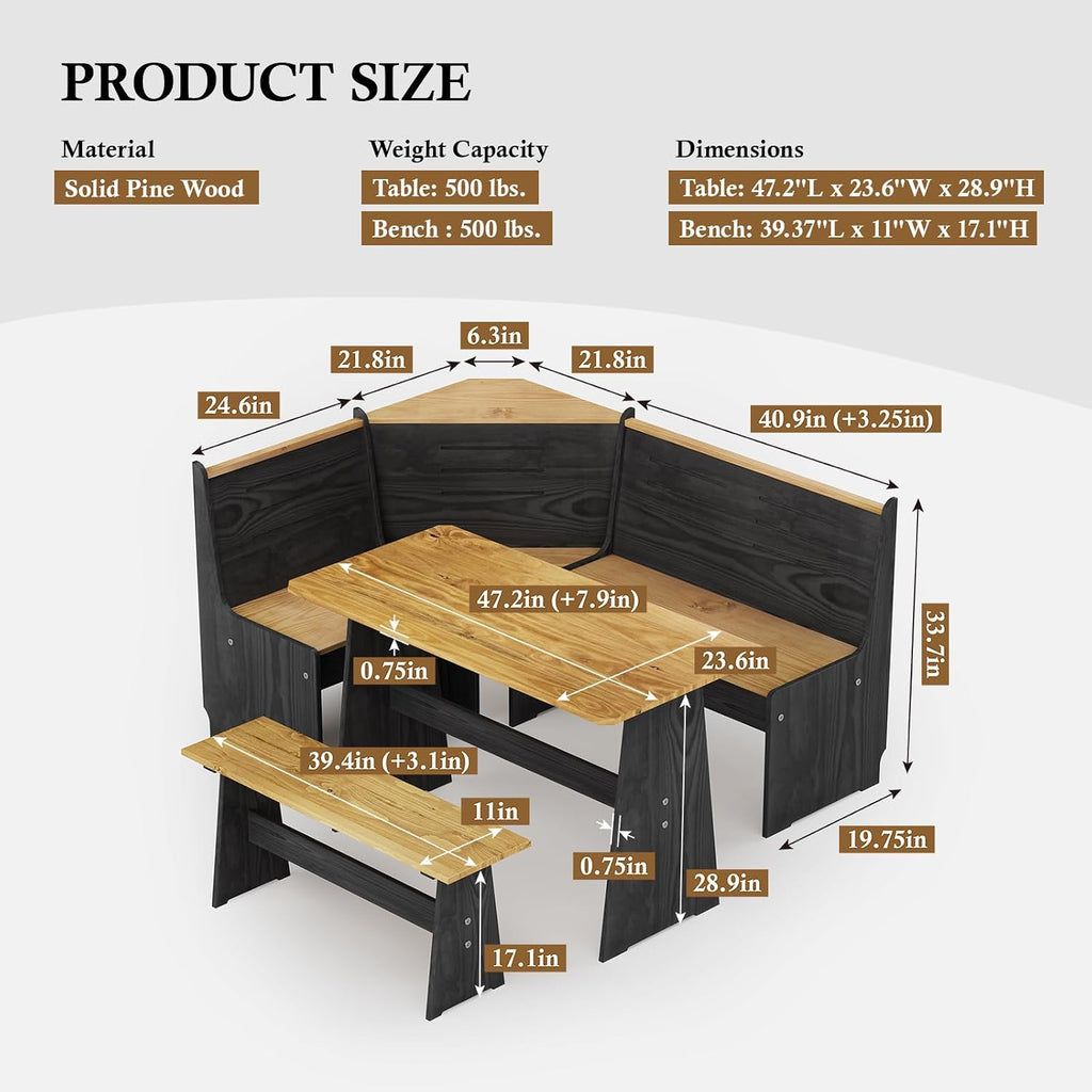 L-Shaped Corner Breakfast Nook Dining Set with Bench