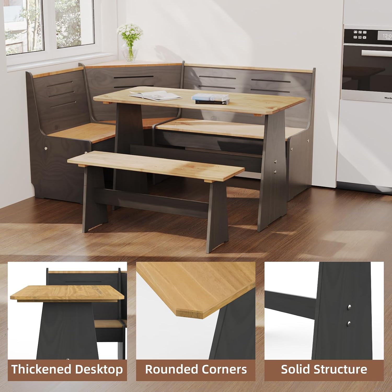 L Shaped Black Bench Corner Dining Nook Set