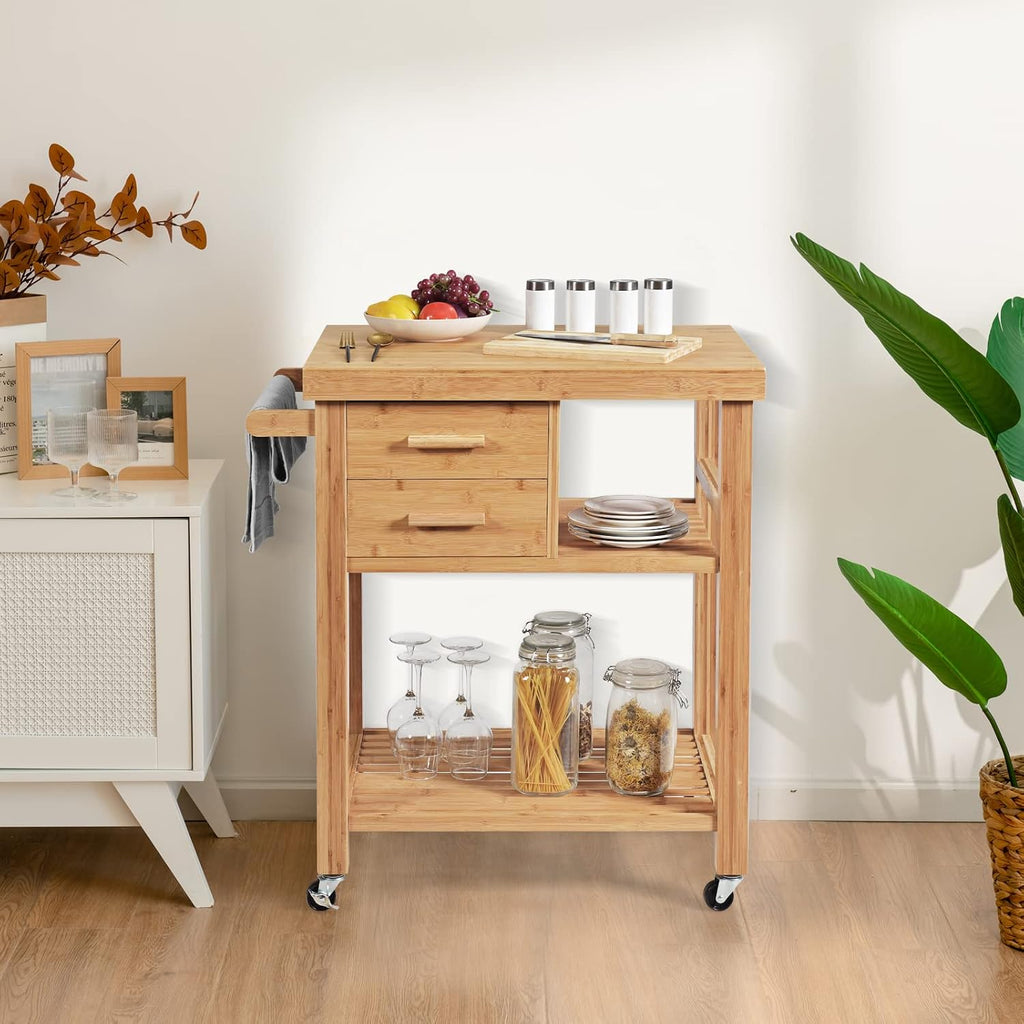 Bamboo Rolling Kitchen Island Cart