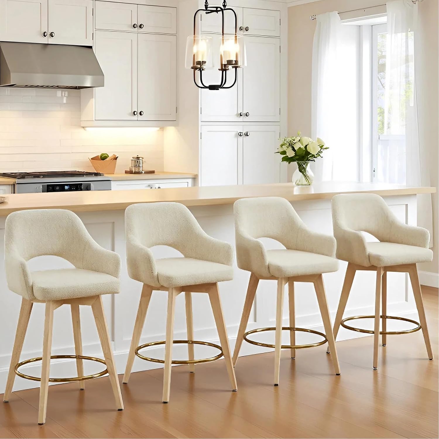 Beige Linen Wood Arm Bar Stools Set of 4
