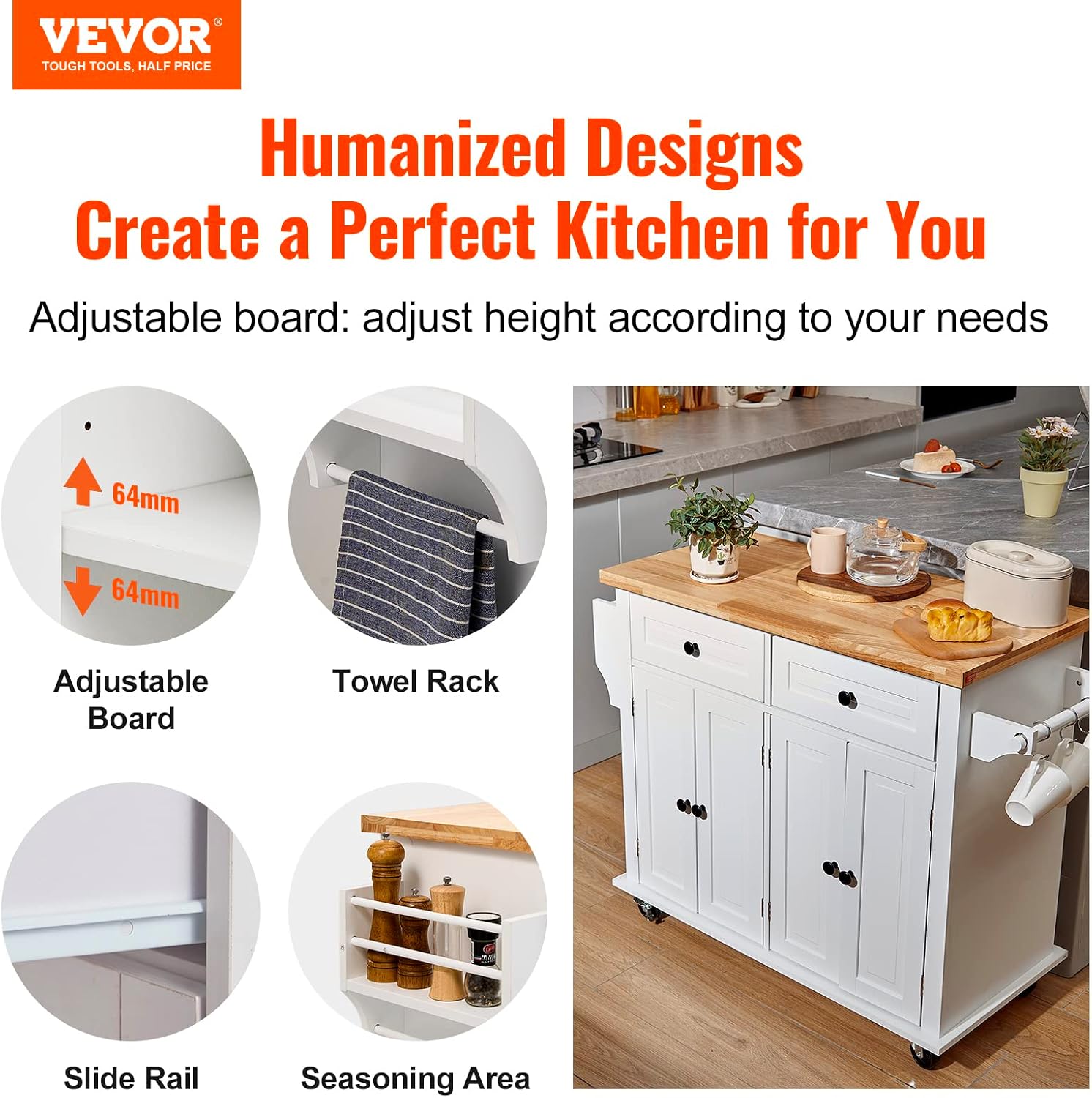 White Wood Top Rolling Kitchen Island
