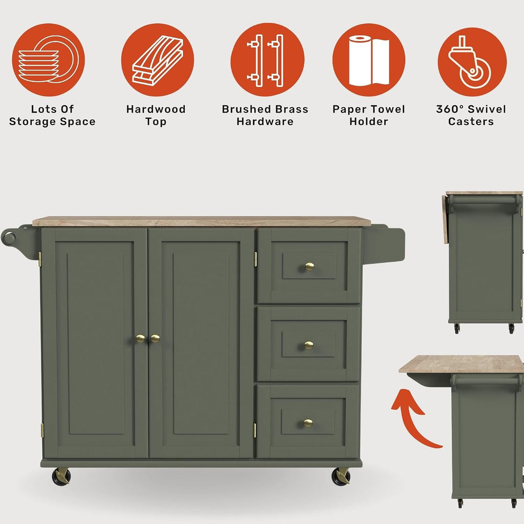 Green Wood Top Rolling Kitchen Island