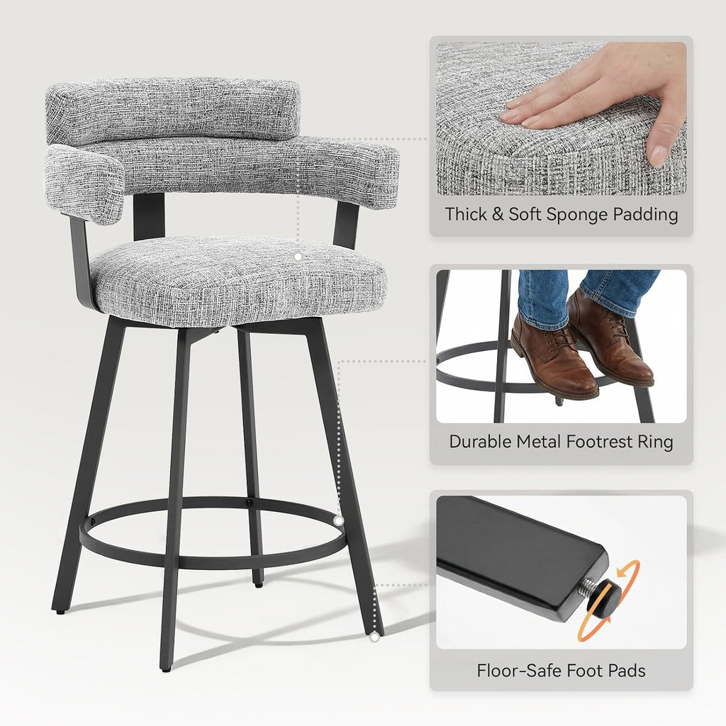 Grey Linen Full Back Swivel Bar Stools Set of 2