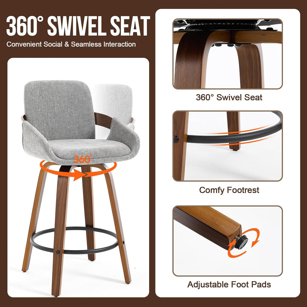 Light Gray Walnut Arm Swivel Bar Stools Set of 2