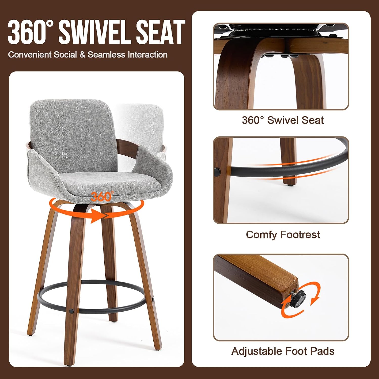 Light Gray Walnut Arm Swivel Bar Stools Set of 2