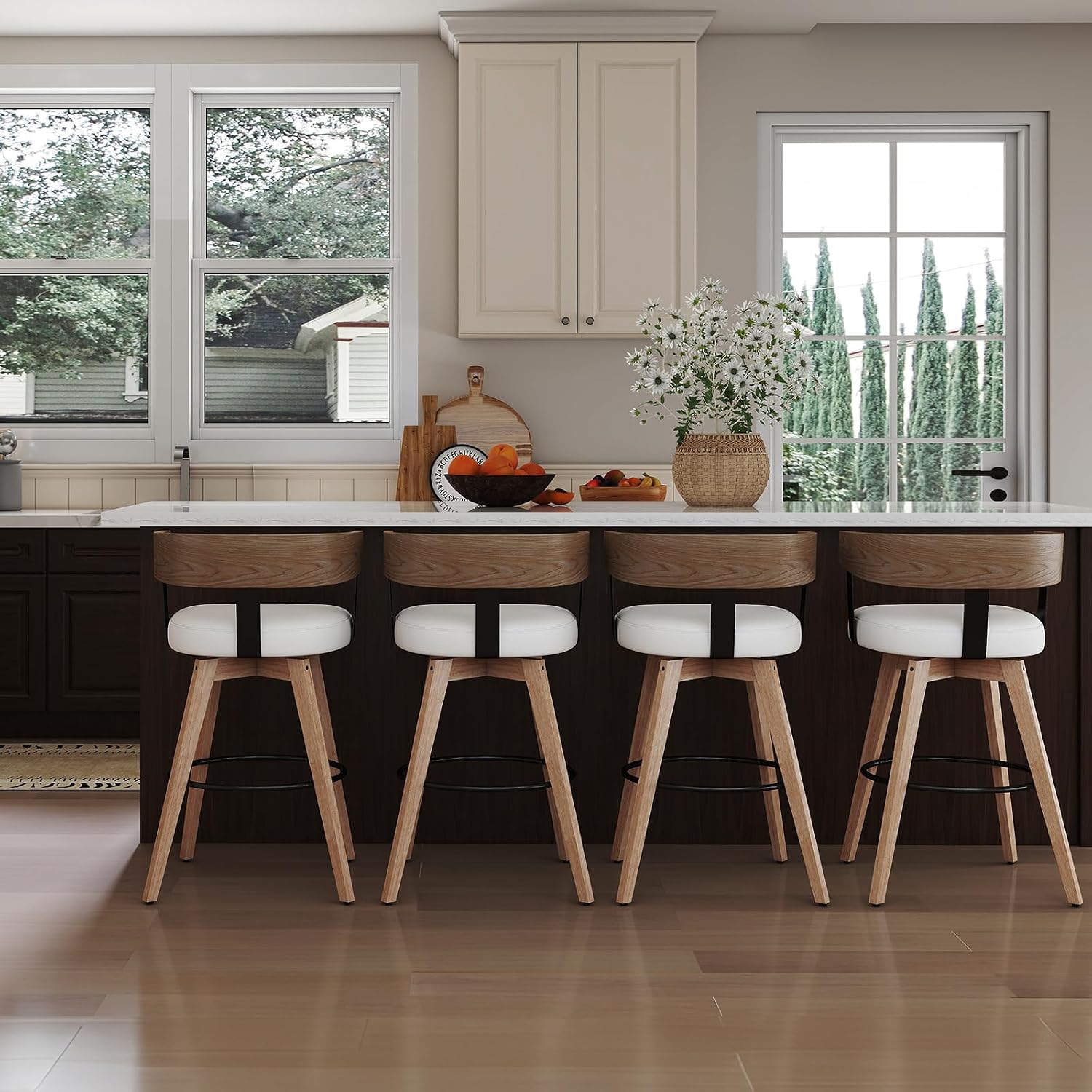 White Linen Swivel Bar Stools Set of 4
