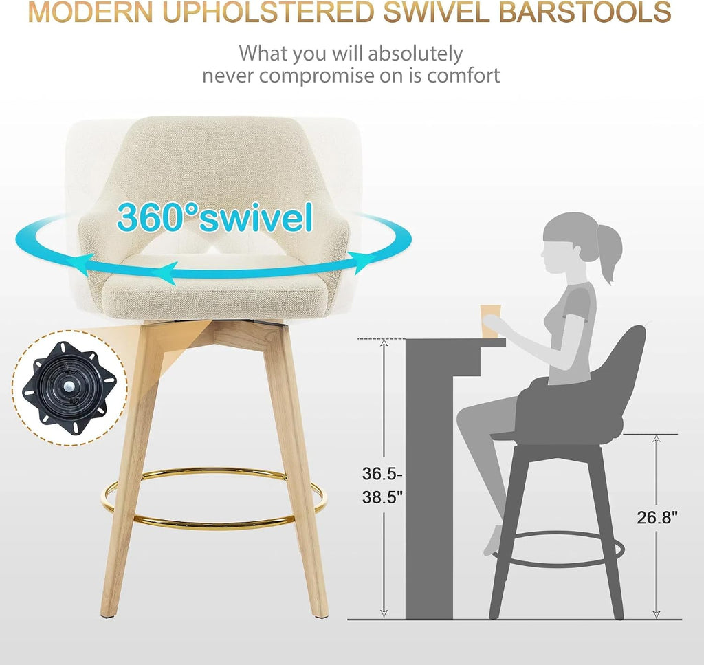 Beige Linen Wood Arm Bar Stools Set of 4