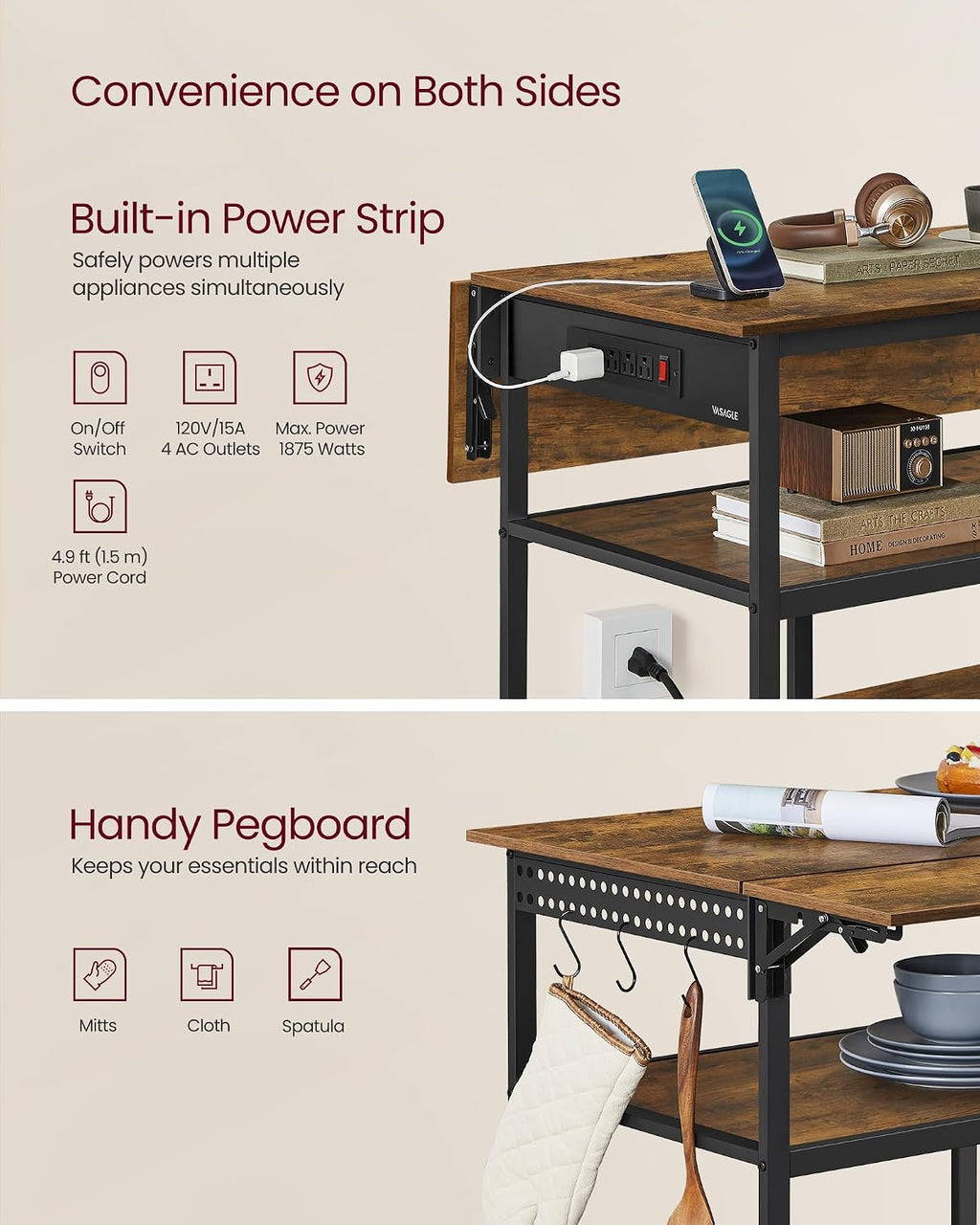 Rustic Brown Rolling Kitchen Island Cart