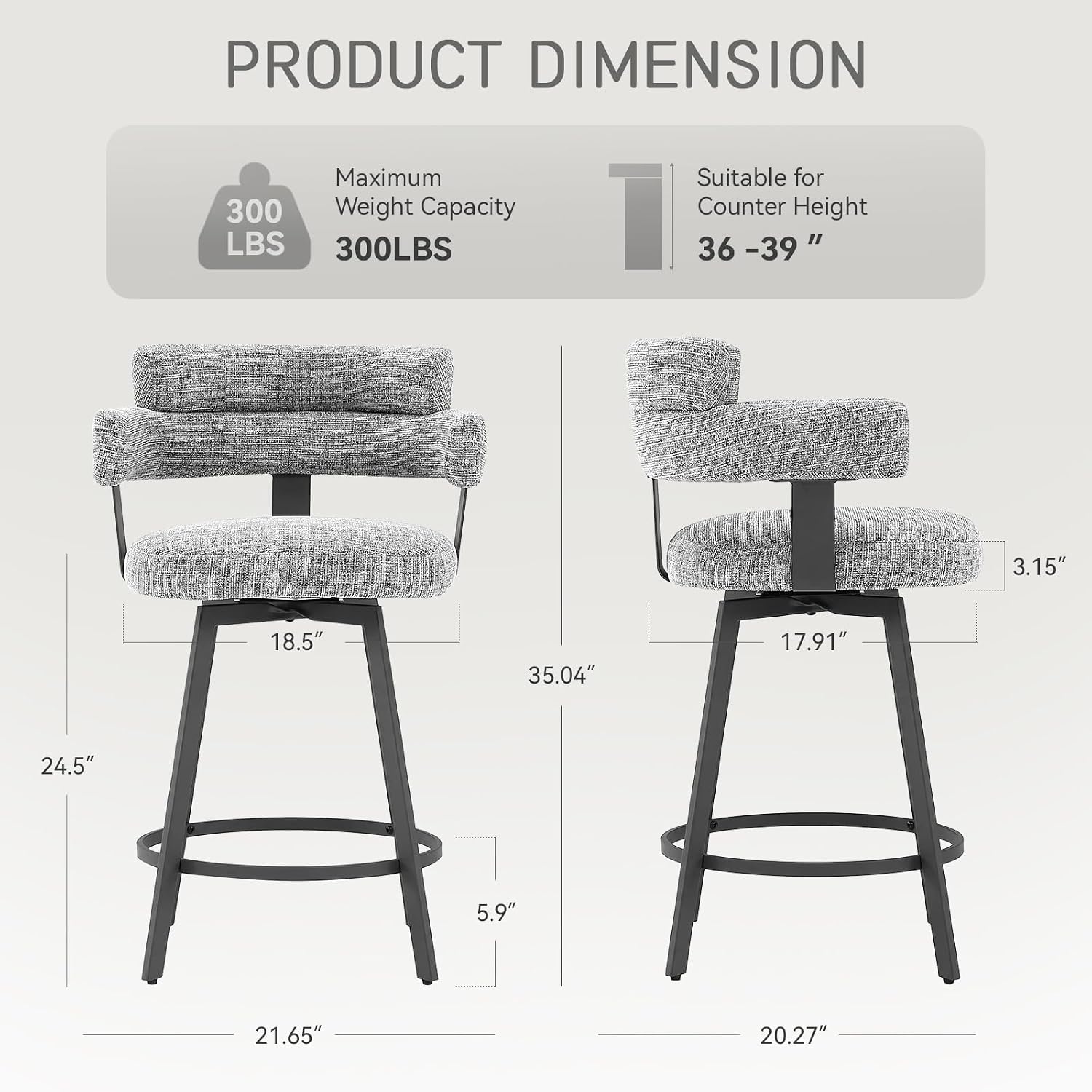 Grey Linen Full Back Swivel Bar Stools Set of 2