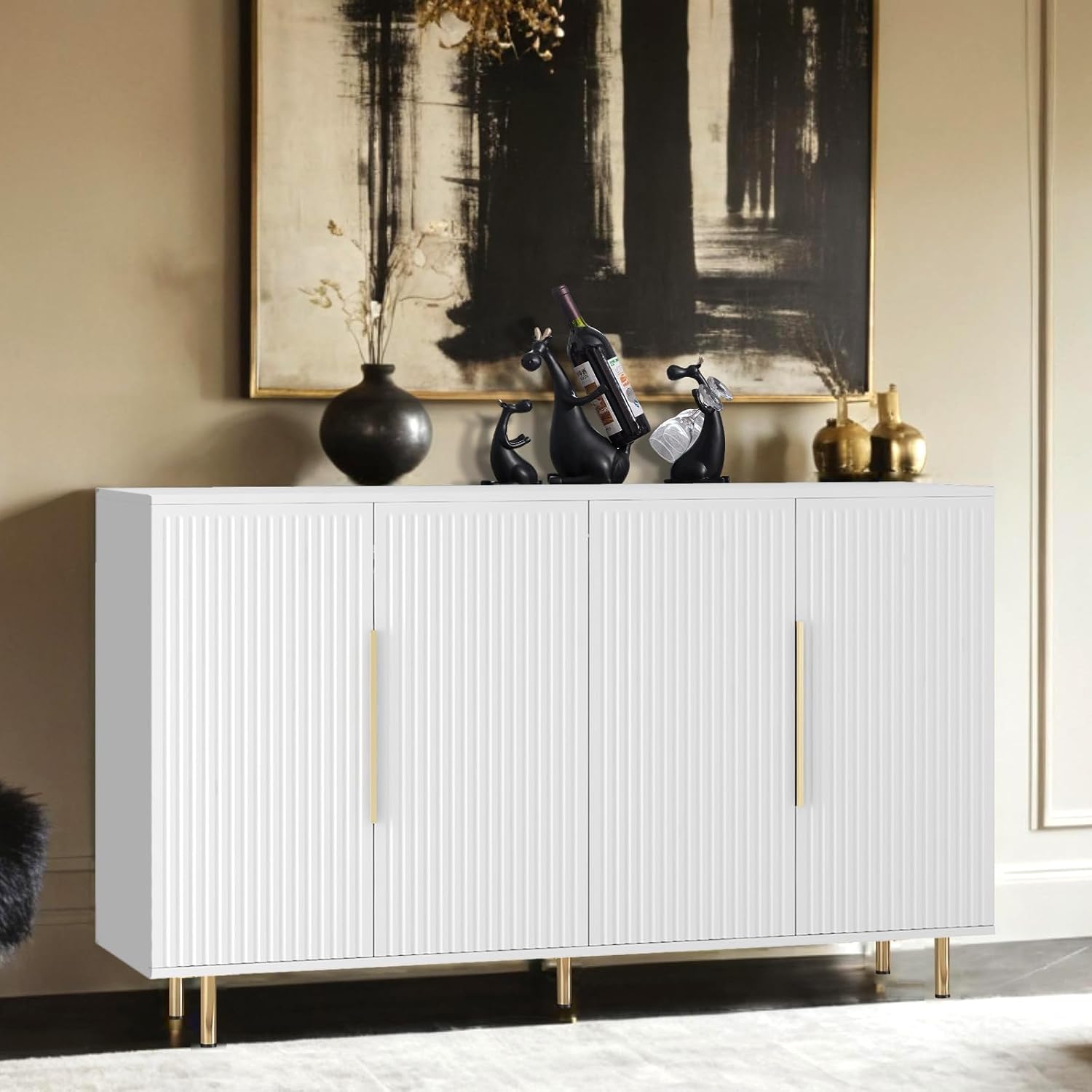 White Fluted Storage Buffet Cabinet