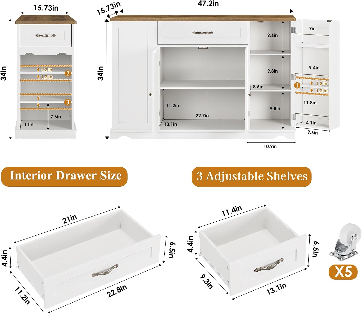 White Rolling Storage Kitchen Island
