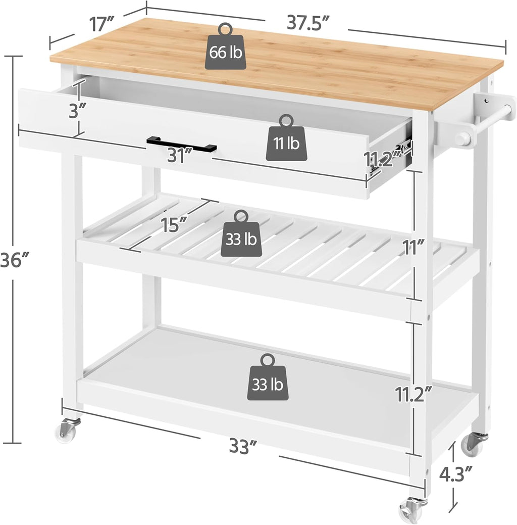 White Bamboo Top Rolling Kitchen Cart