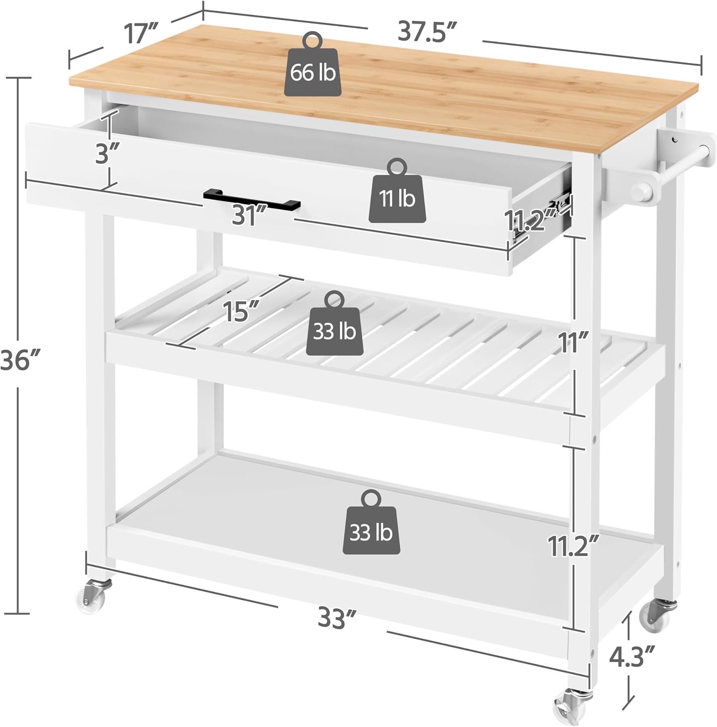 White Bamboo Top Rolling Kitchen Cart