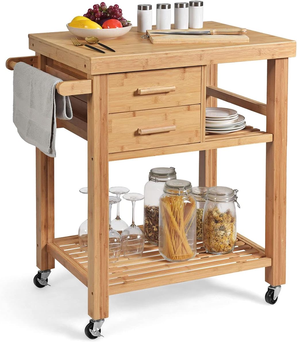 Bamboo Rolling Kitchen Island Cart