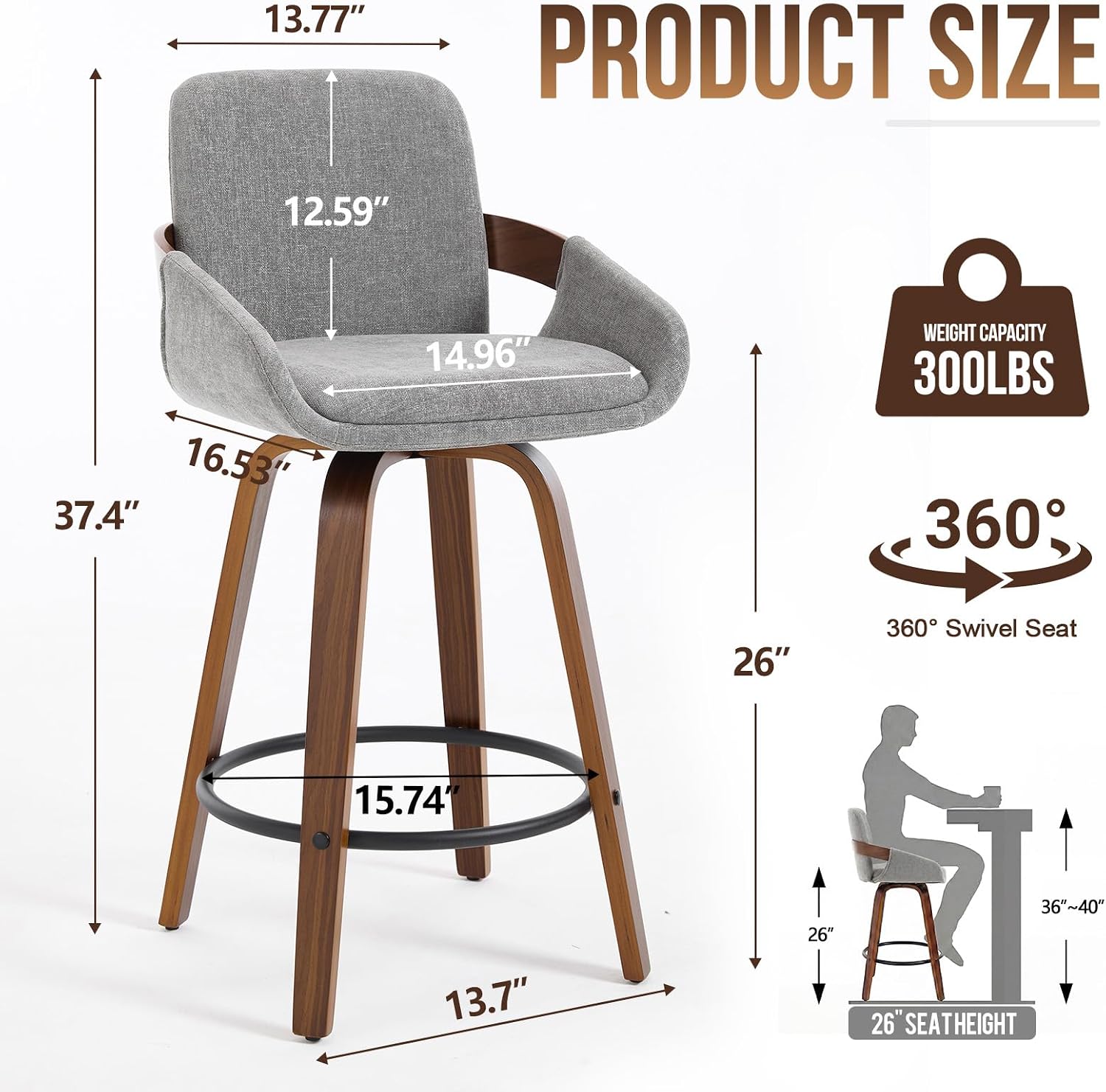 Light Gray Walnut Arm Swivel Bar Stools Set of 2