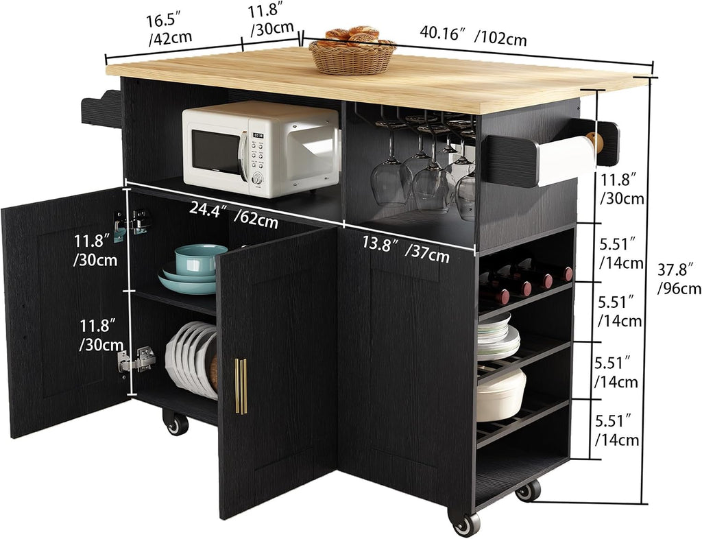 Black Rolling Drop Leaf Kitchen Island