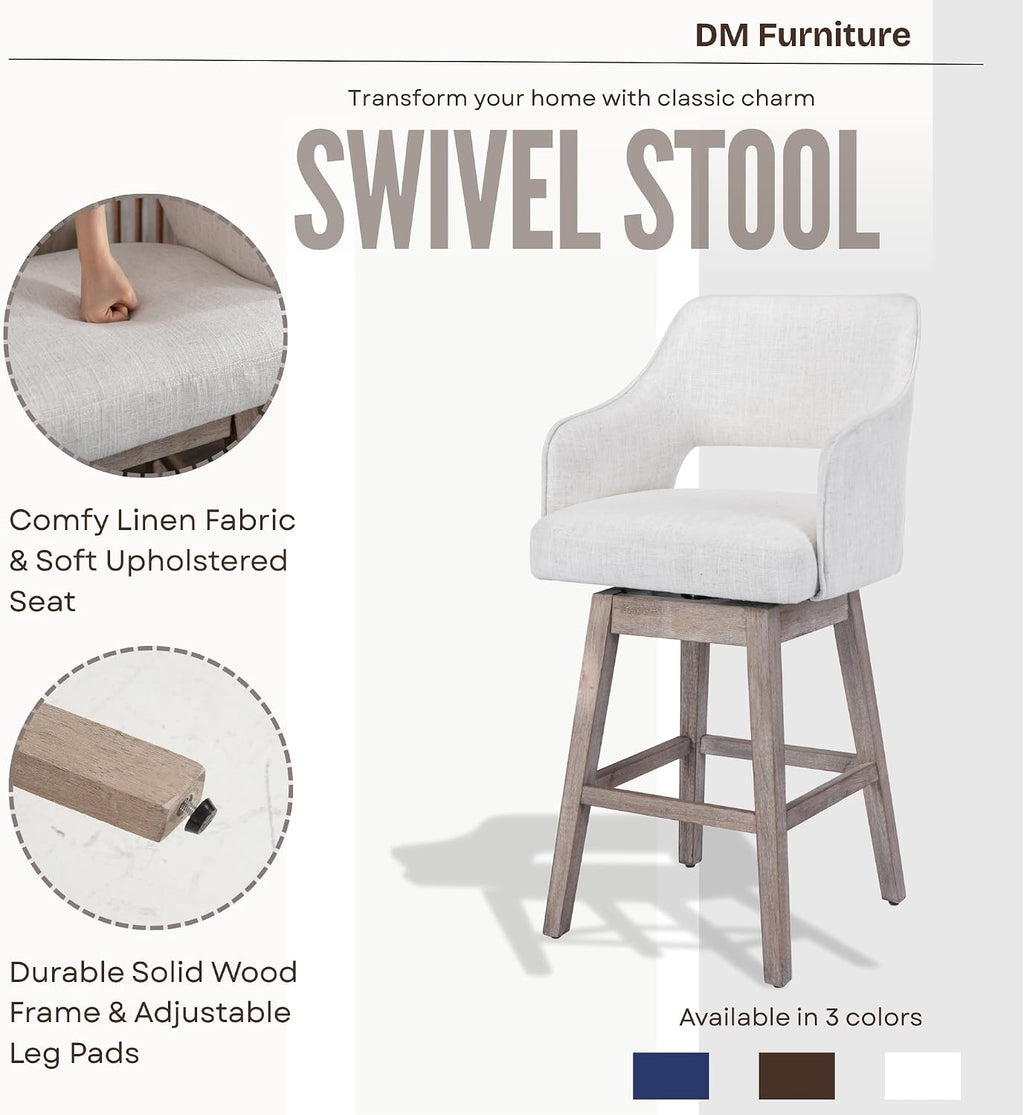 Beige Linen Farmhouse Swivel Bar Stools Set of 3