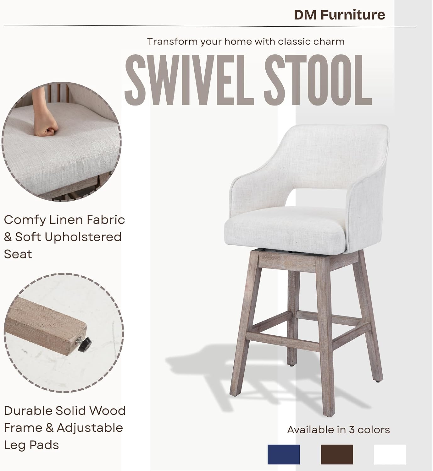 Beige Linen Farmhouse Swivel Bar Stools Set of 3
