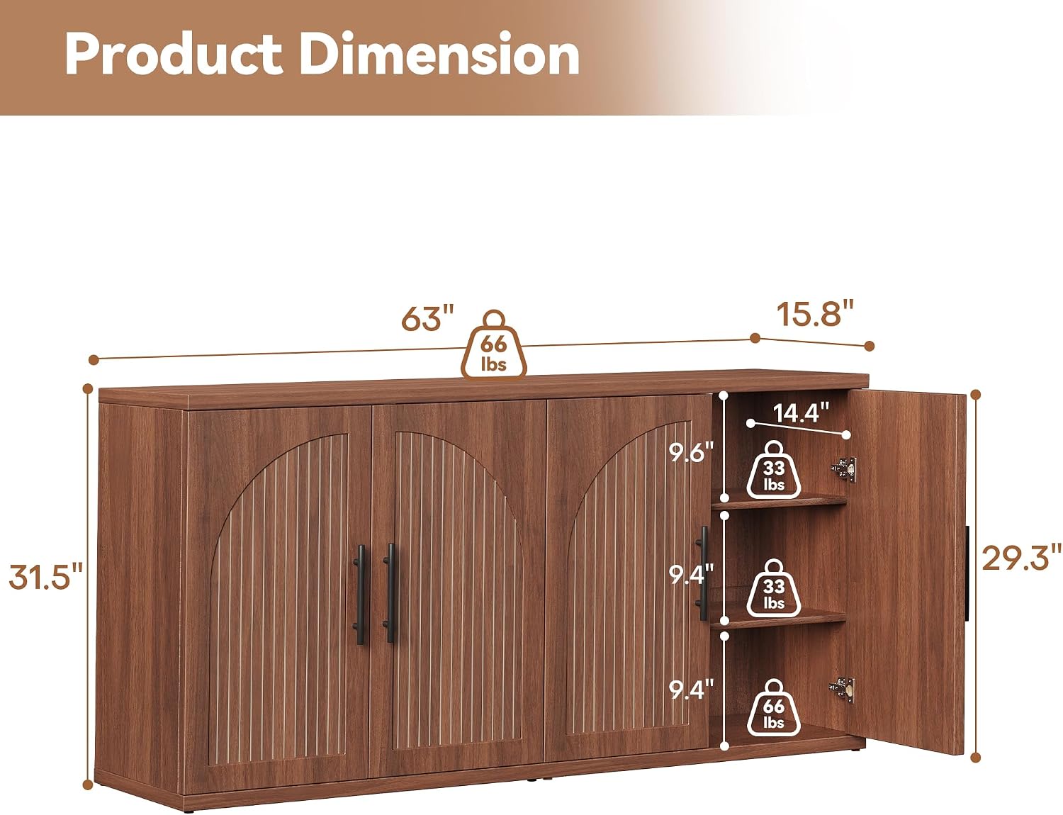 Walnut Fluted Arched Sideboard Cabinet