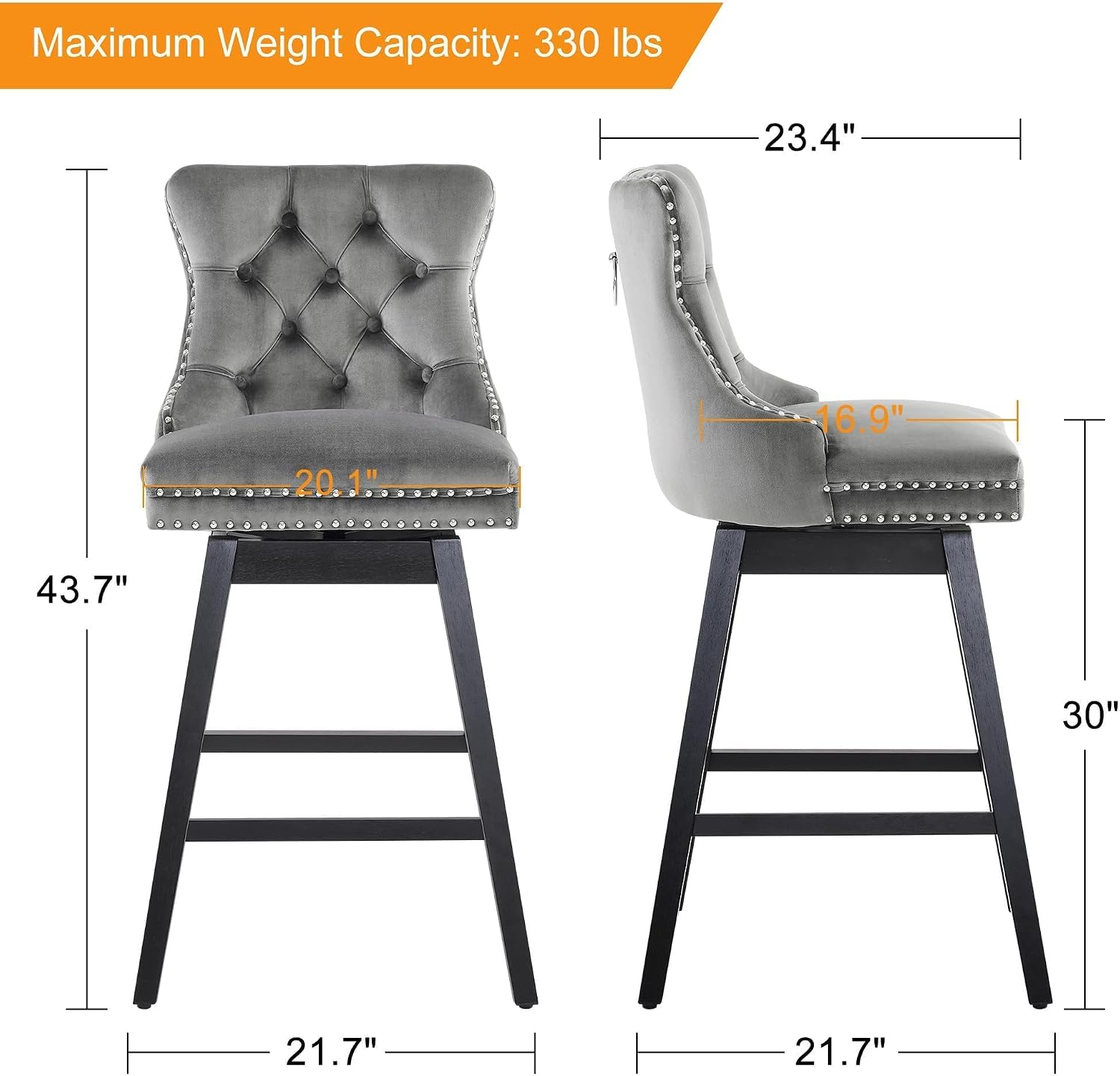 Grey Velvet Wood Swivel Bar Stools Set of 4