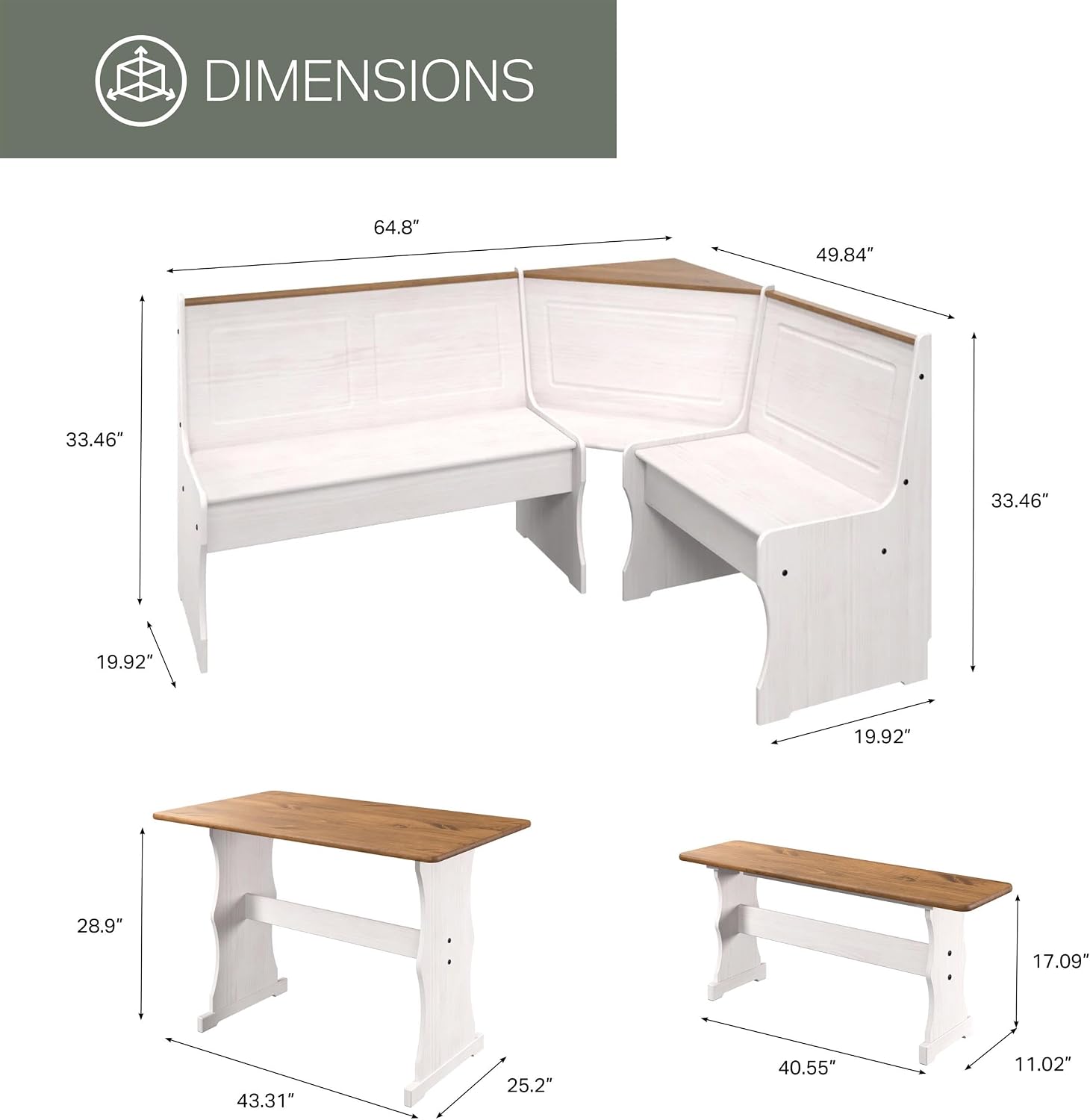 White Solid Pine Corner Dining Booth