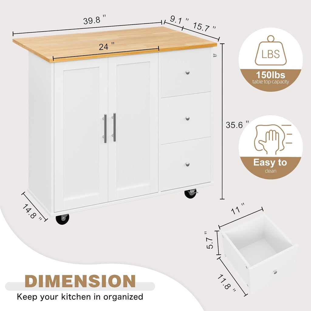 White Folding Drop Leaf Rolling Kitchen Island Cart