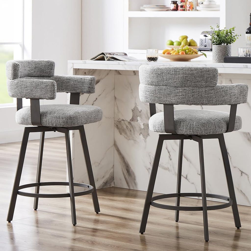 Grey Linen Full Back Swivel Bar Stools Set of 2