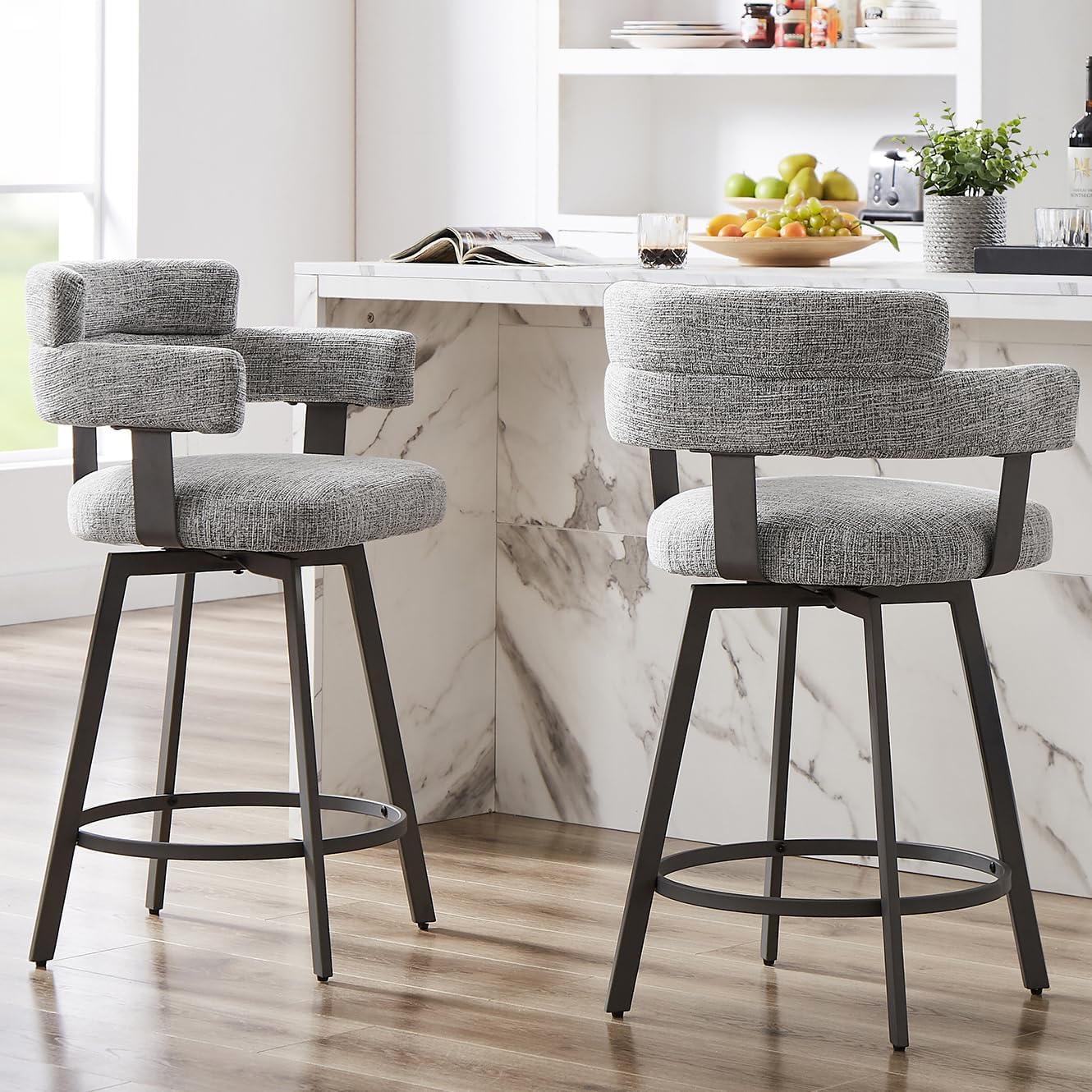 Grey Linen Full Back Swivel Bar Stools Set of 2
