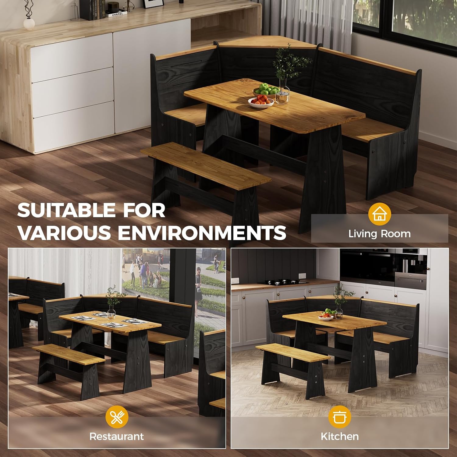 Jet-Black L Shaped Corner Breakfast Nook Dining Set