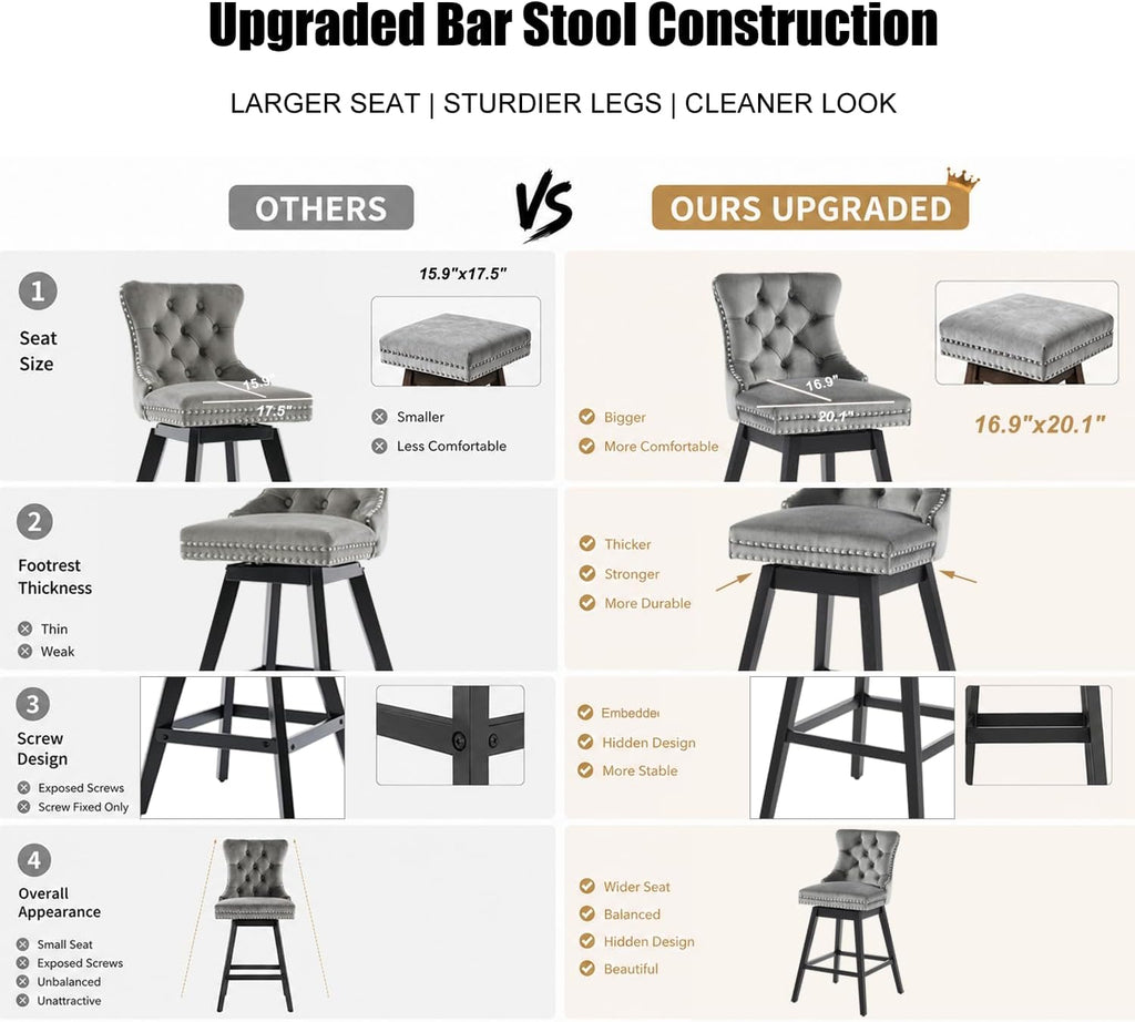 Grey Velvet Wood Swivel Bar Stools Set of 4