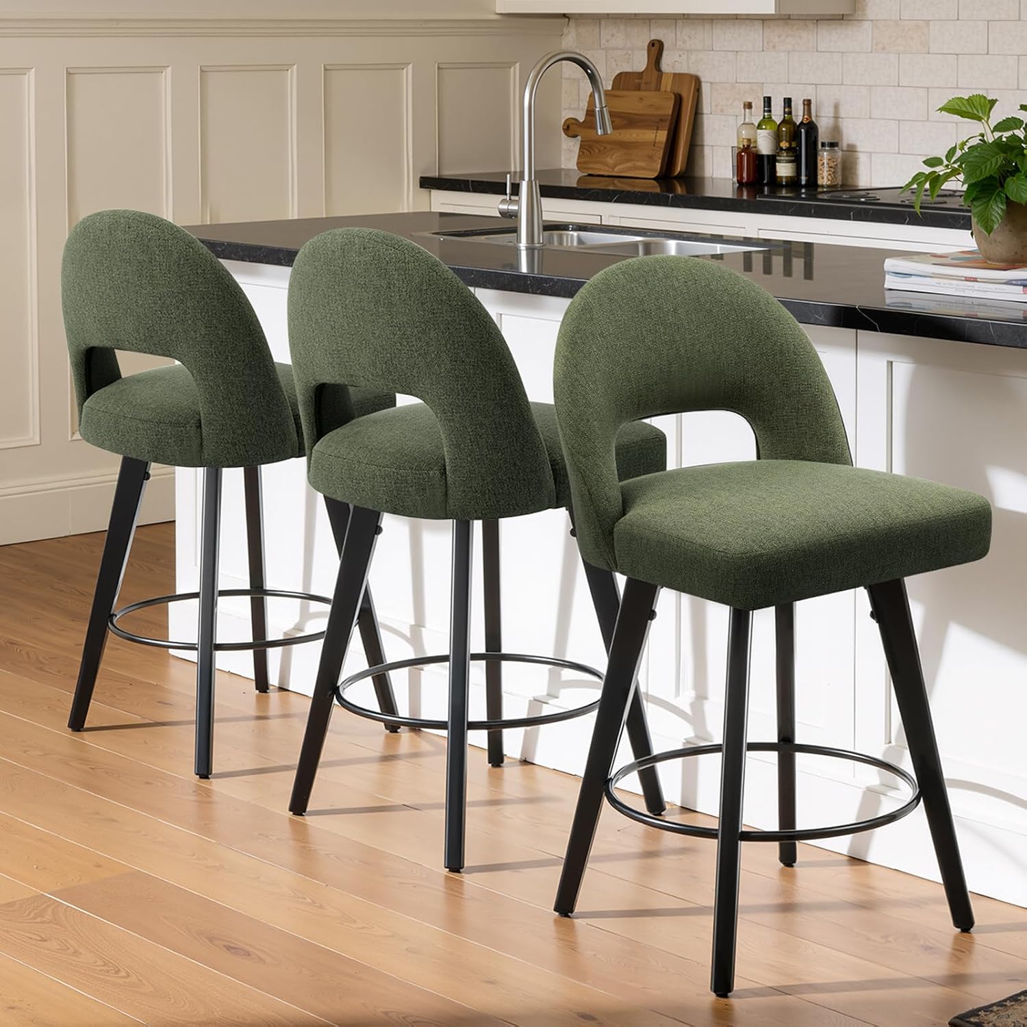Green Linen Swivel Counter Stools Set of 3
