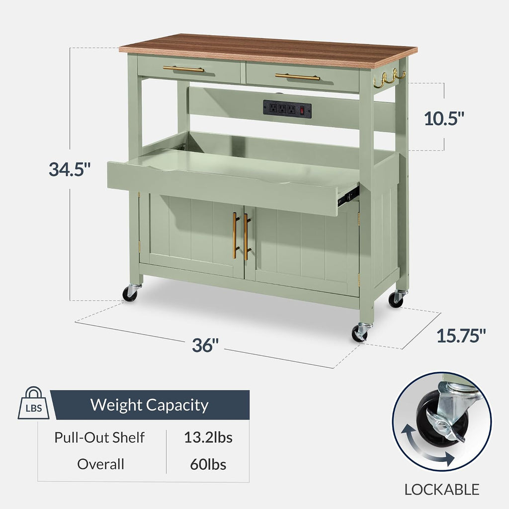 Pistachio Green Rolling Kitchen Island Cart 36in