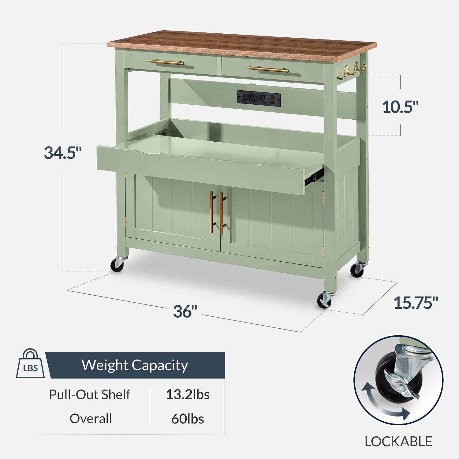 Pistachio Green Rolling Kitchen Island Cart 36in