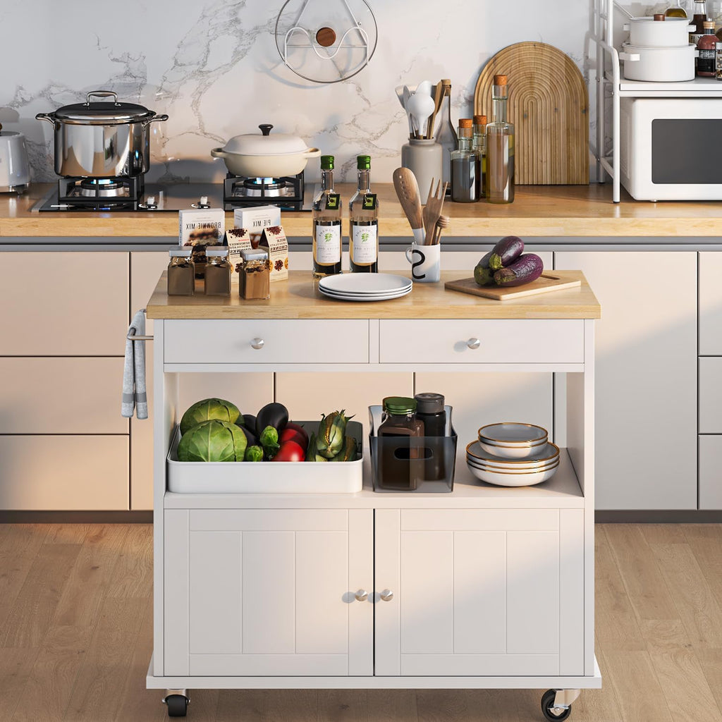 White Wood Top Rolling Kitchen Island