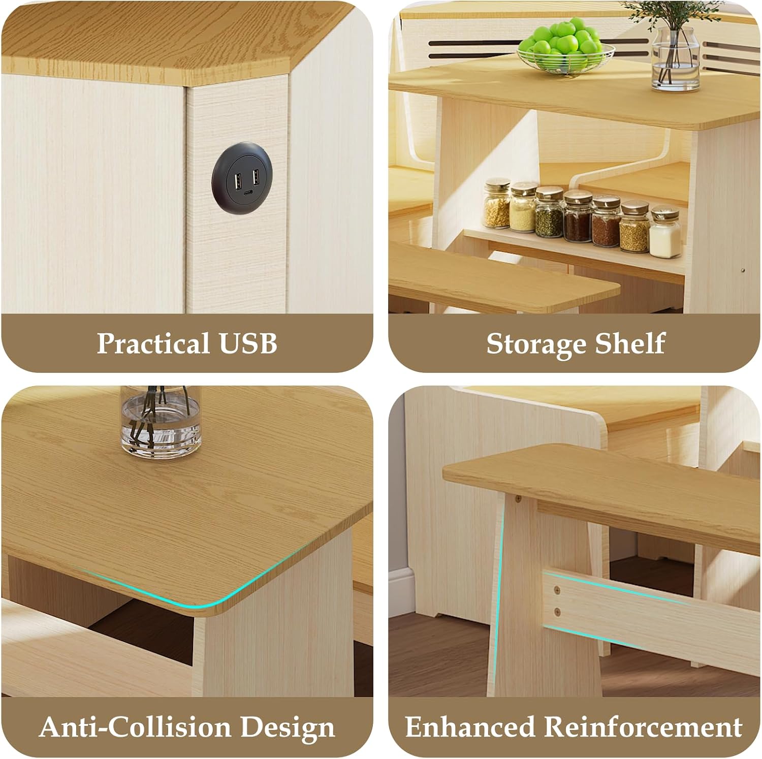 Wood USB Storage Corner Breakfast Nook Set