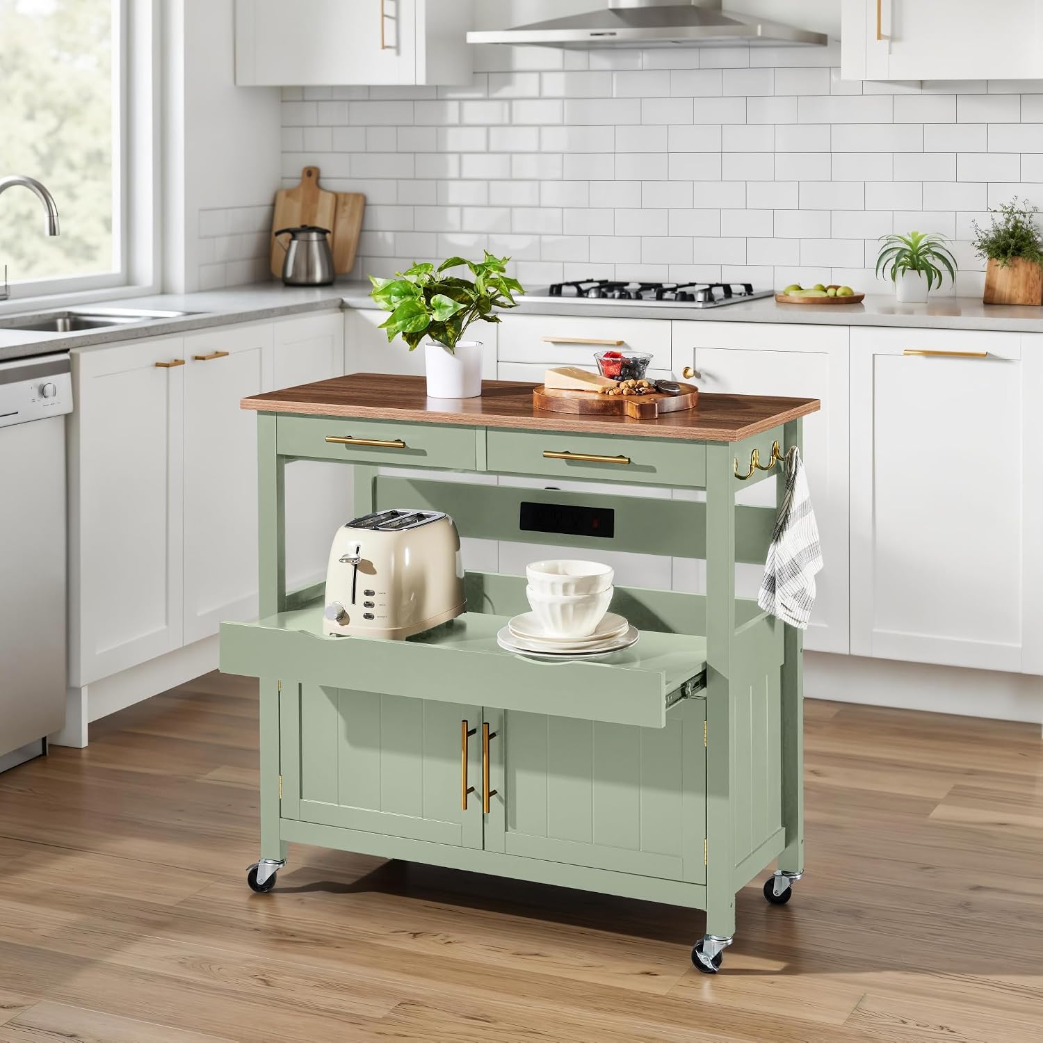 Pistachio Green Rolling Kitchen Island Cart 36in